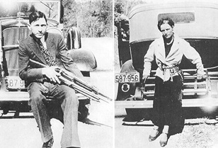Black and white photographs of Clyde Barrow and Bonnie Parker