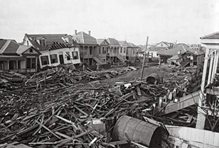 Black and white photograph of the destruction of the Galveston hurricane of 1900.