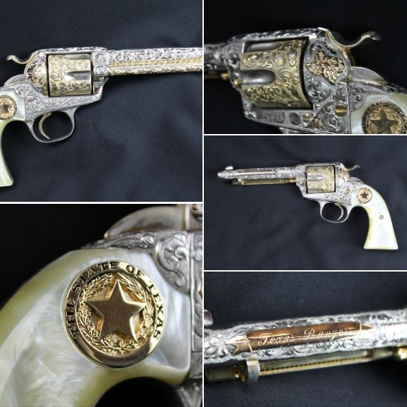 Image collage showing detail of the engraved Colt Bisley .45 revolver