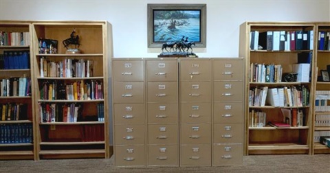 four filing cabinets between bookshelves